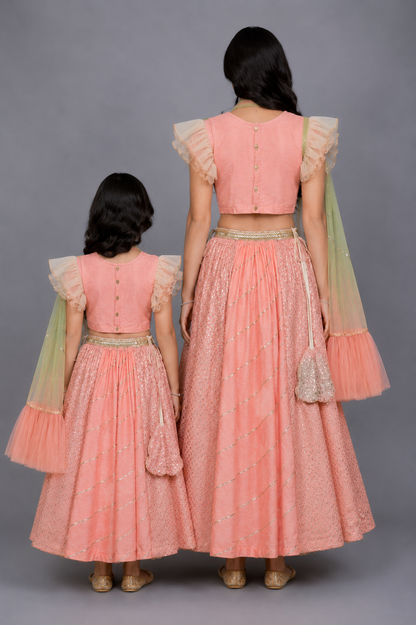 Peach peacock Printed Chanderi lehnga set