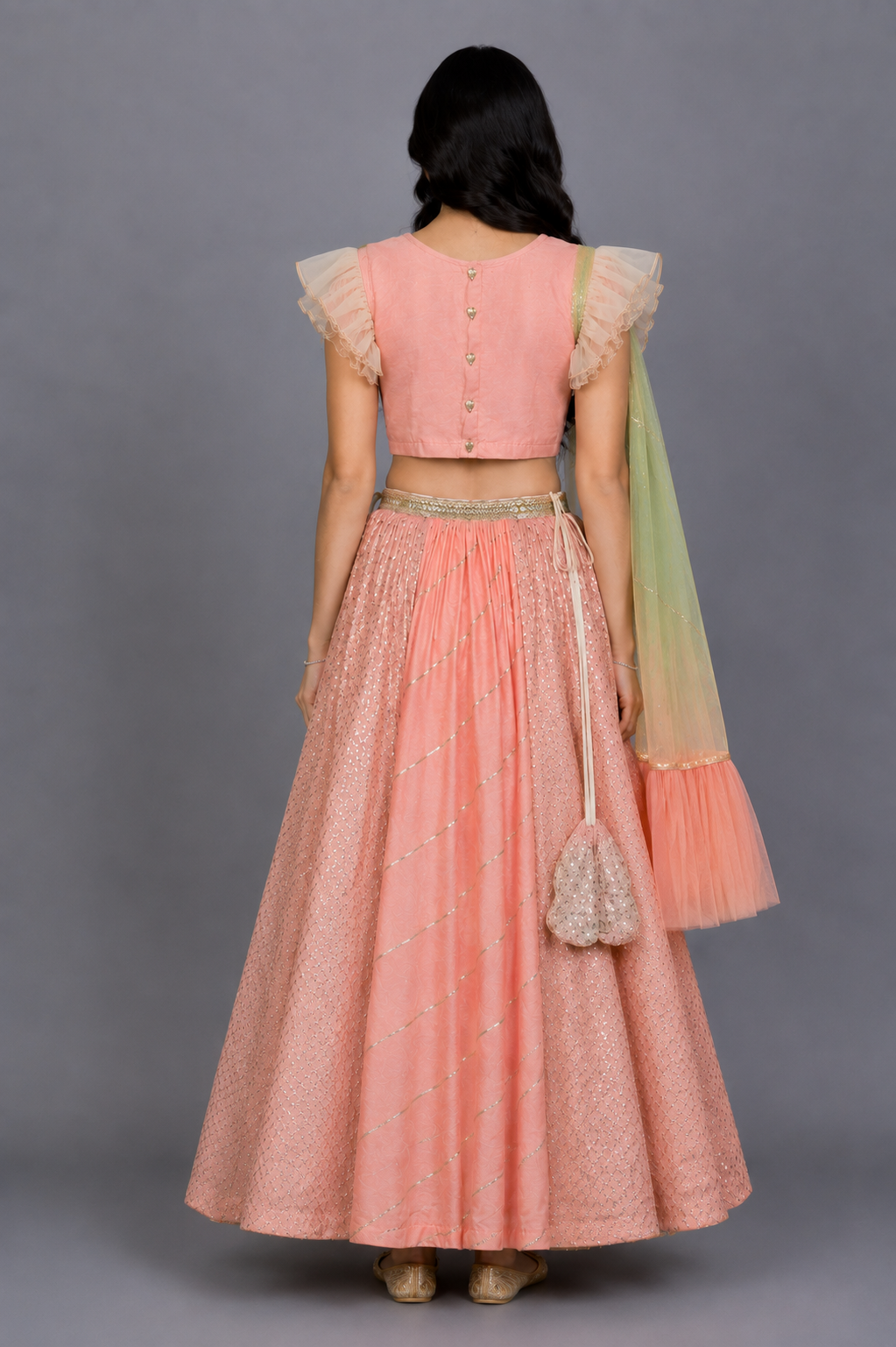 Peach peacock Printed Chanderi lehnga set