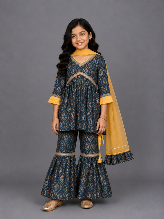 Black Printed High Low Sharara set