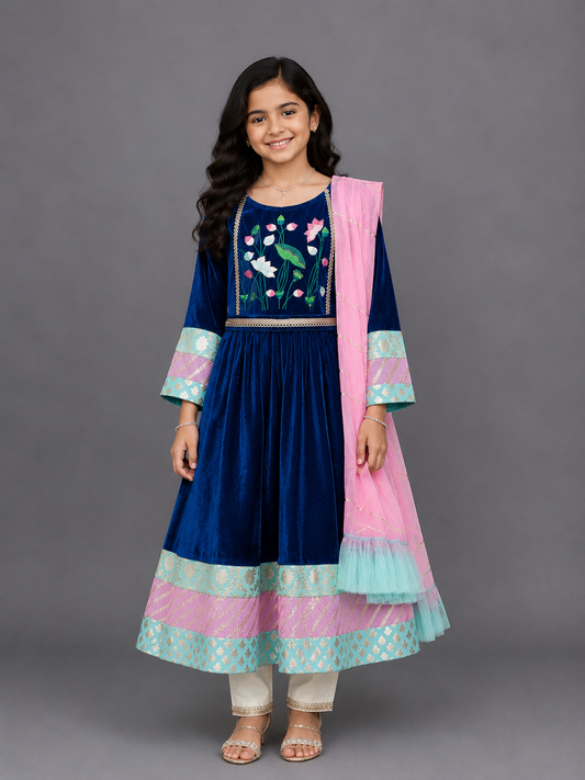 Blue Velvet Embroidered Anarkali Pants with Net Dupatta