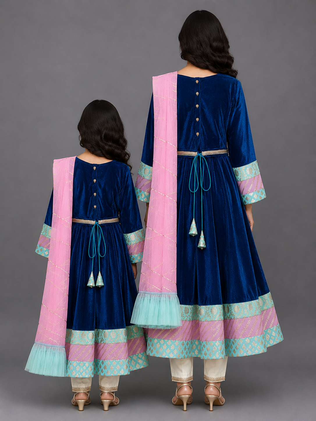 Blue Velvet Embroidered Anarkali Pants with Net Dupatta