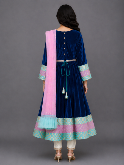 Blue Velvet Embroidered Anarkali Pants with Net Dupatta