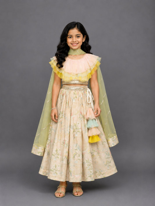 Pastel Frill Blouse with Parrot Print Lehnga