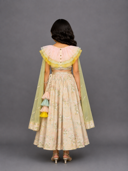 Pastel Frill Blouse with Parrot Print Lehnga