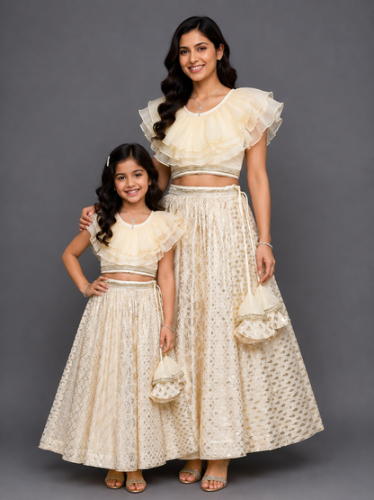 Off white organza frill chanderi lehnga set
