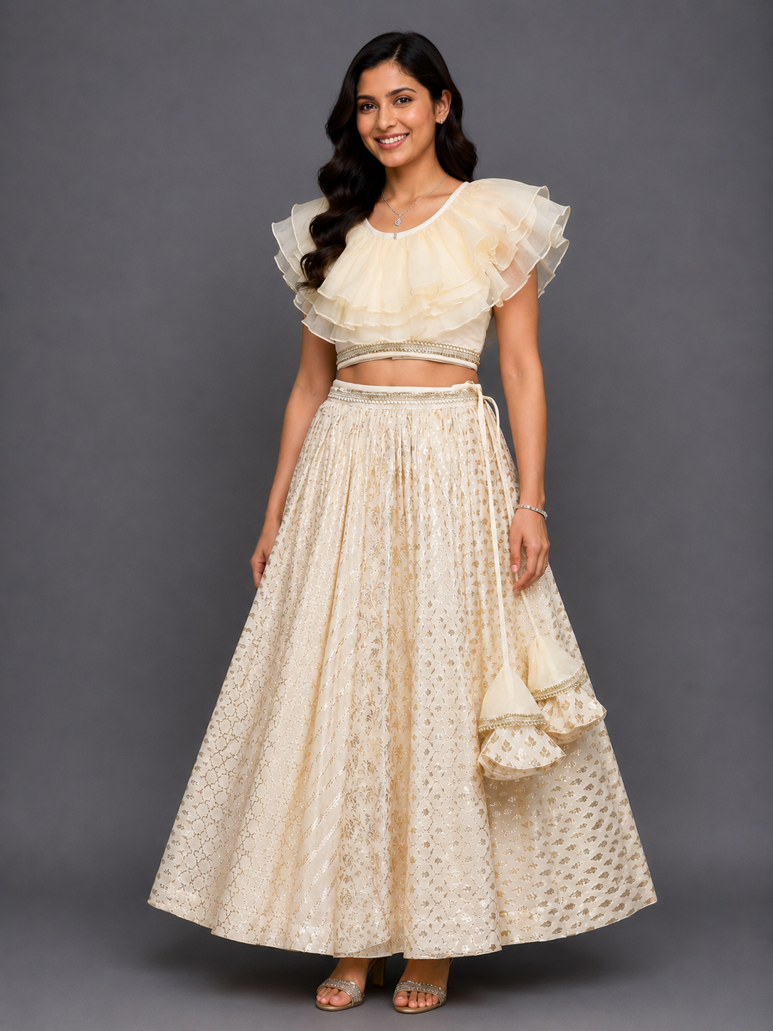 Off white organza frill chanderi lehnga set