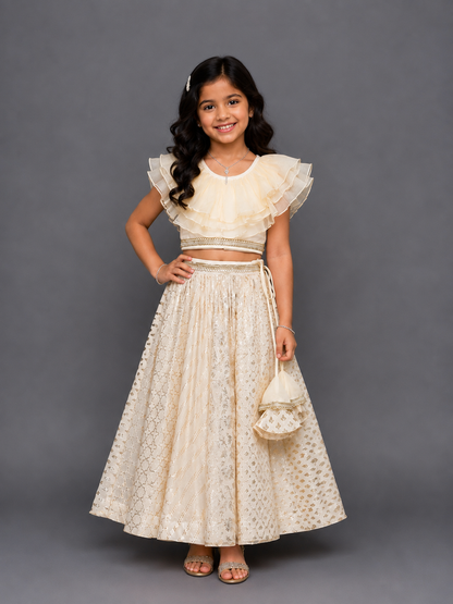 Off white organza frill chanderi lehnga set