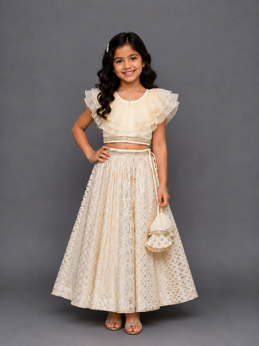 Off white organza frill chanderi lehnga set
