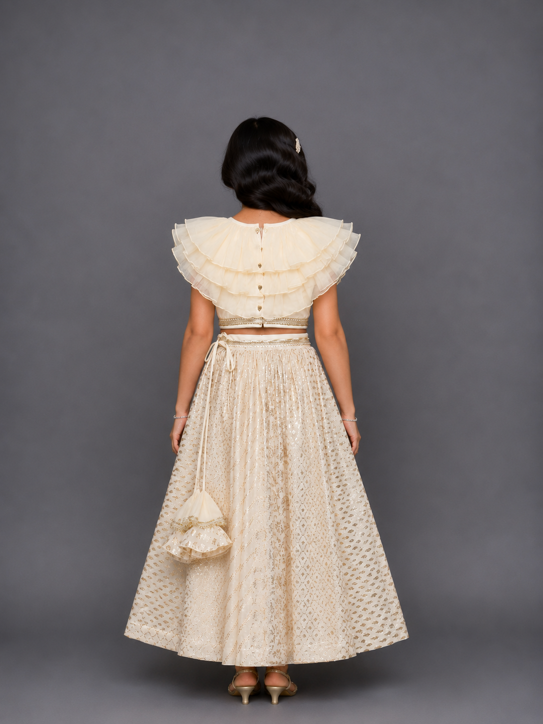Off white organza frill chanderi lehnga set