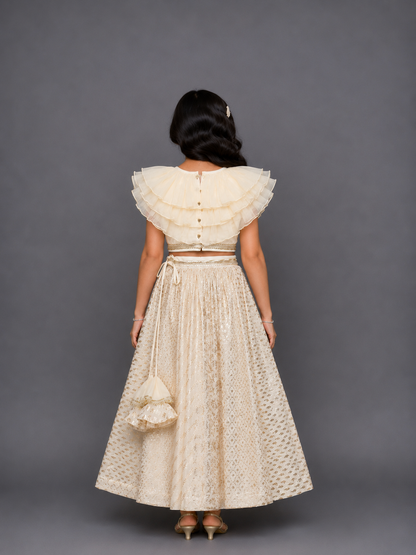 Off white organza frill chanderi lehnga set