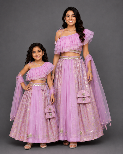 Lavendar Off shoulder organza frill chanderi lehnga set