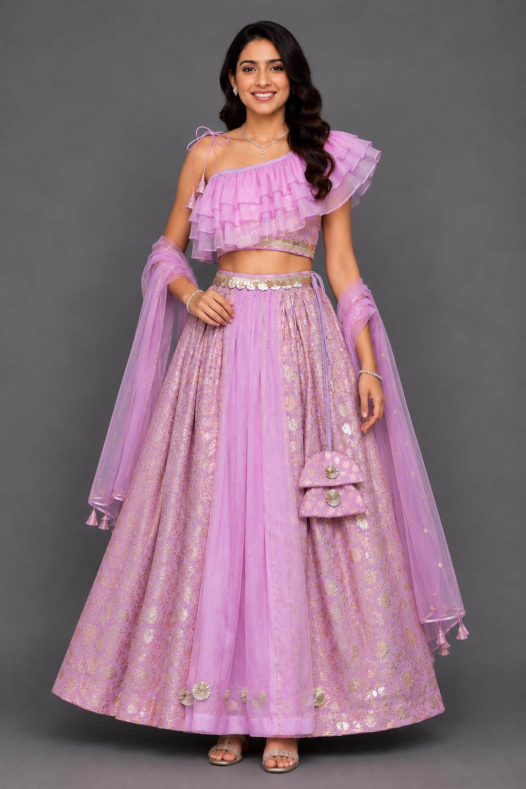 Lavendar Off shoulder organza frill chanderi lehnga set