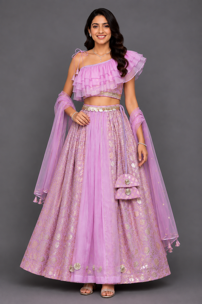 Lavendar Off shoulder organza frill chanderi lehnga set