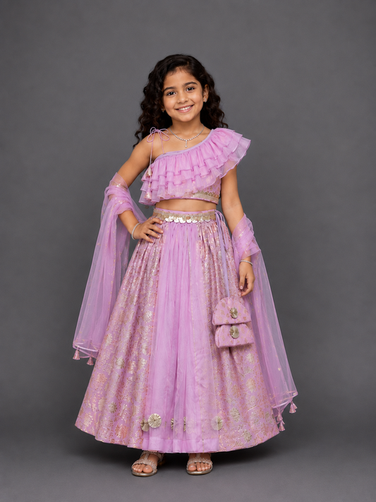 Lavendar Off shoulder organza frill chanderi lehnga set