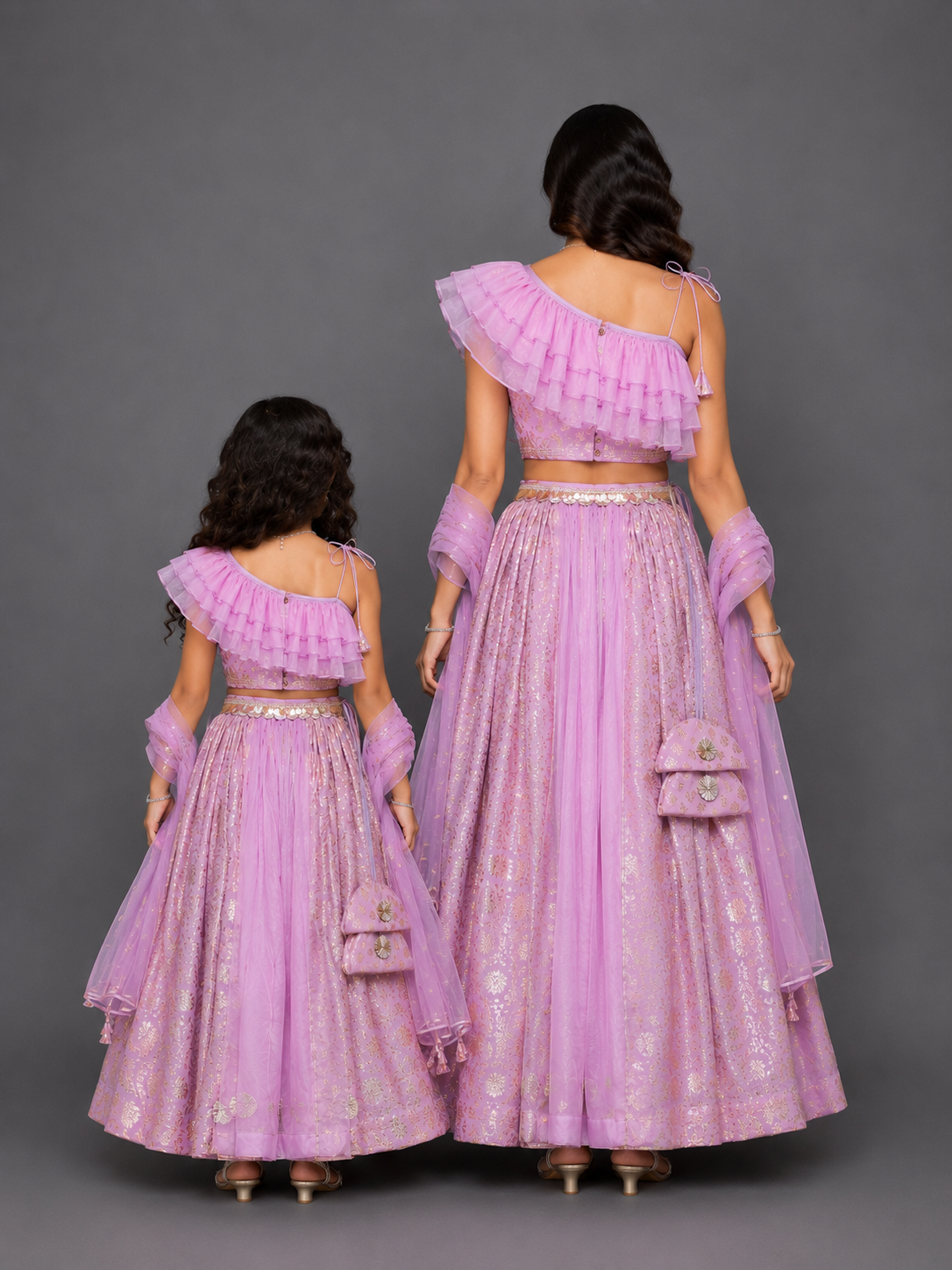 Lavendar Off shoulder organza frill chanderi lehnga set