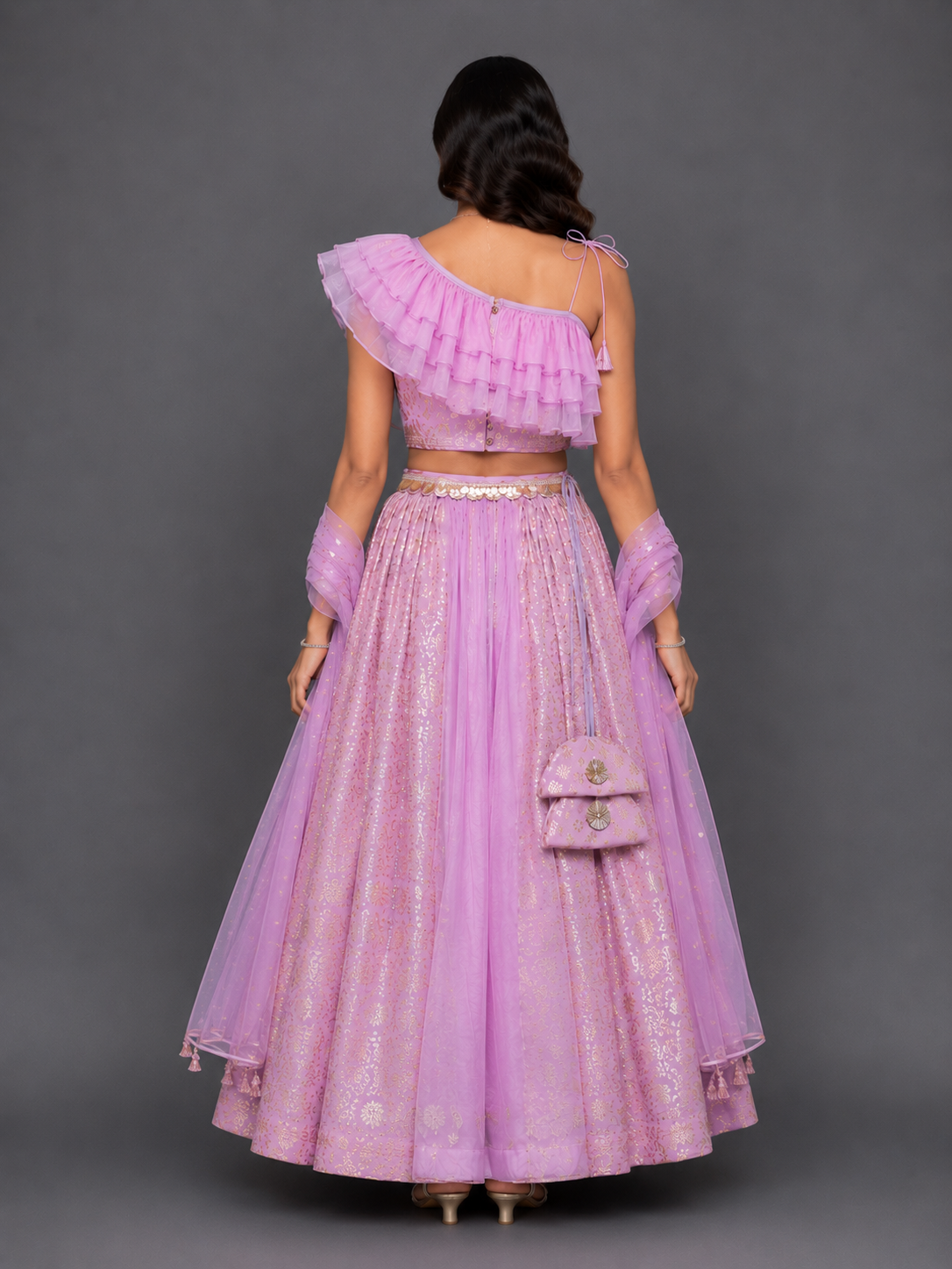 Lavendar Off shoulder organza frill chanderi lehnga set
