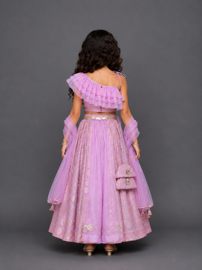 Lavendar Off shoulder organza frill chanderi lehnga set
