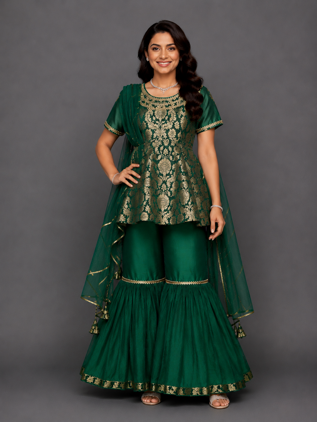 Green Brocade Sharara set with attached dupatta