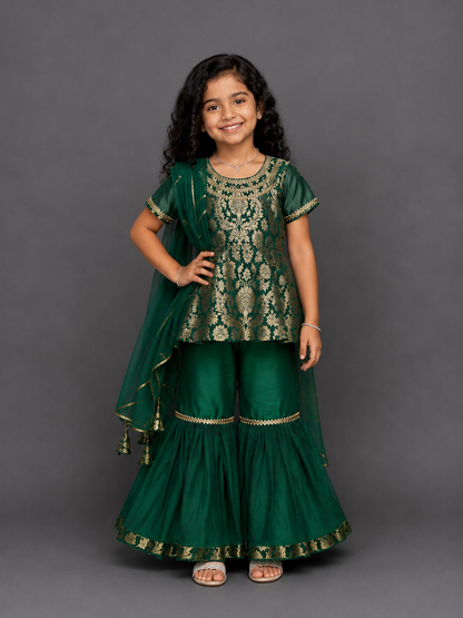 Green Brocade Sharara set with attached dupatta