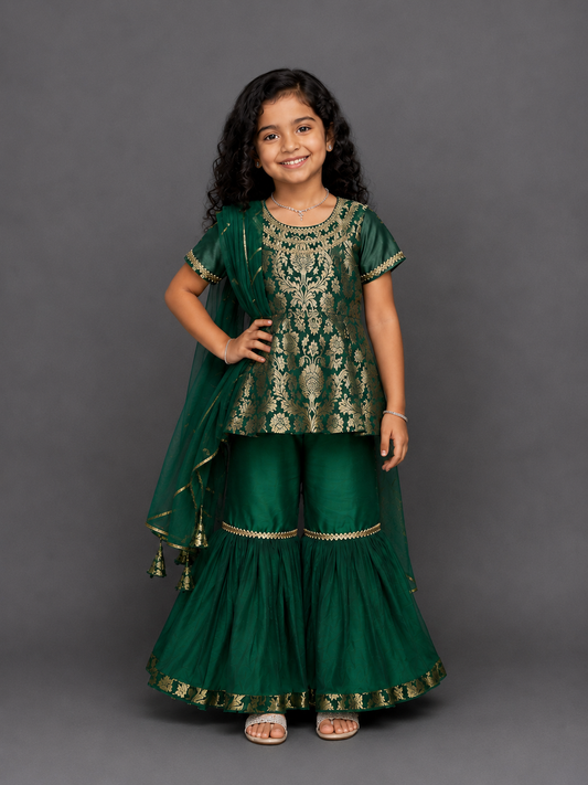 Green Brocade Sharara set with attached dupatta