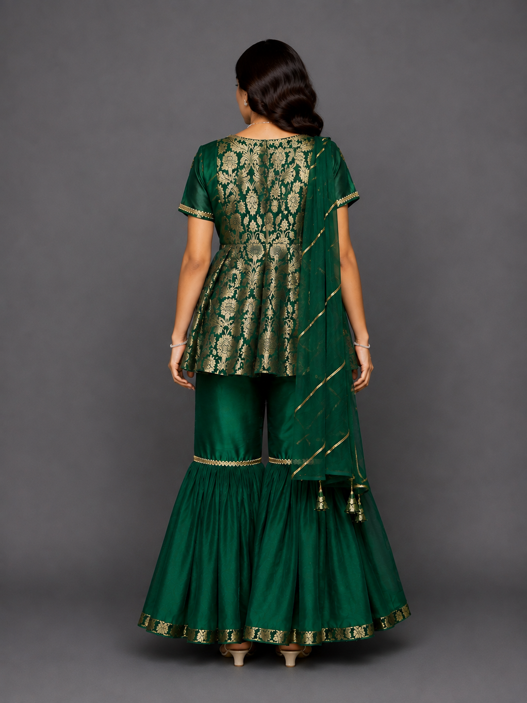 Green Brocade Sharara set with attached dupatta