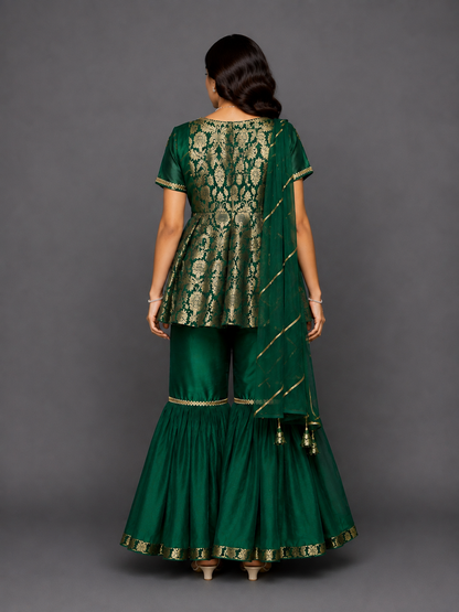 Green Brocade Sharara set with attached dupatta