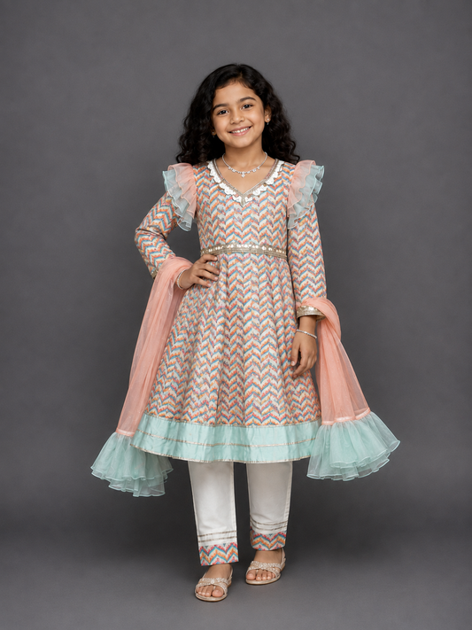 Digital Printed Anarkali with Contrast Dupatta and trousers