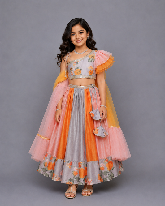 Grey Floral Printed off Shoulder lehnga set