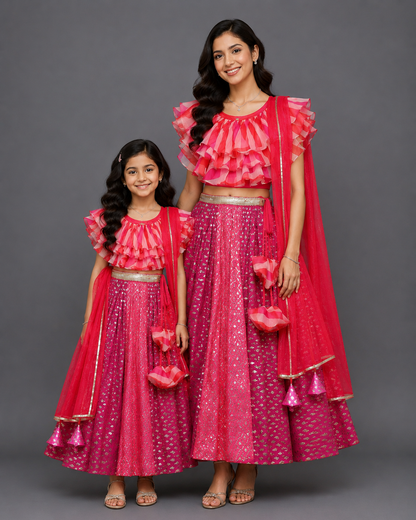 Pink Lehriya frill blouse and chanderi Lehnga set