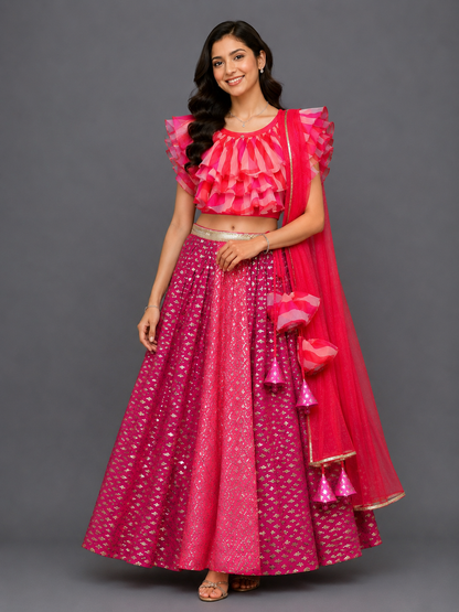 Pink Lehriya frill blouse and chanderi Lehnga set