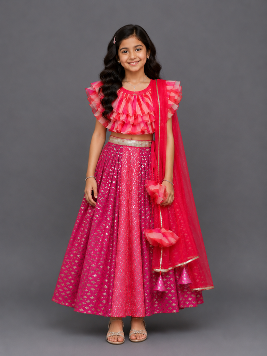 Pink Lehriya frill blouse and chanderi Lehnga set