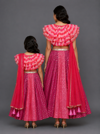 Pink Lehriya frill blouse and chanderi Lehnga set