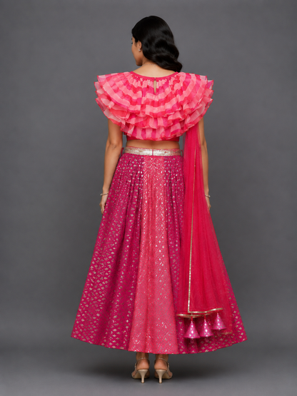 Pink Lehriya frill blouse and chanderi Lehnga set