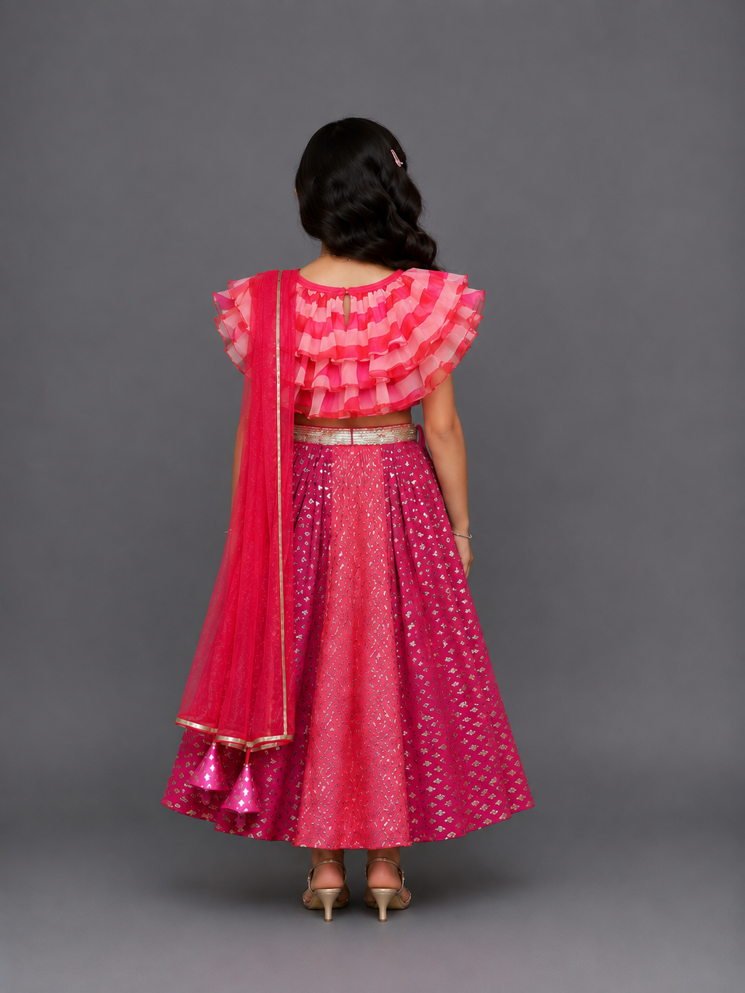 Pink Lehriya frill blouse and chanderi Lehnga set