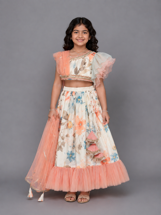 Floral printed off shoulder lehnga set with attached dupatta