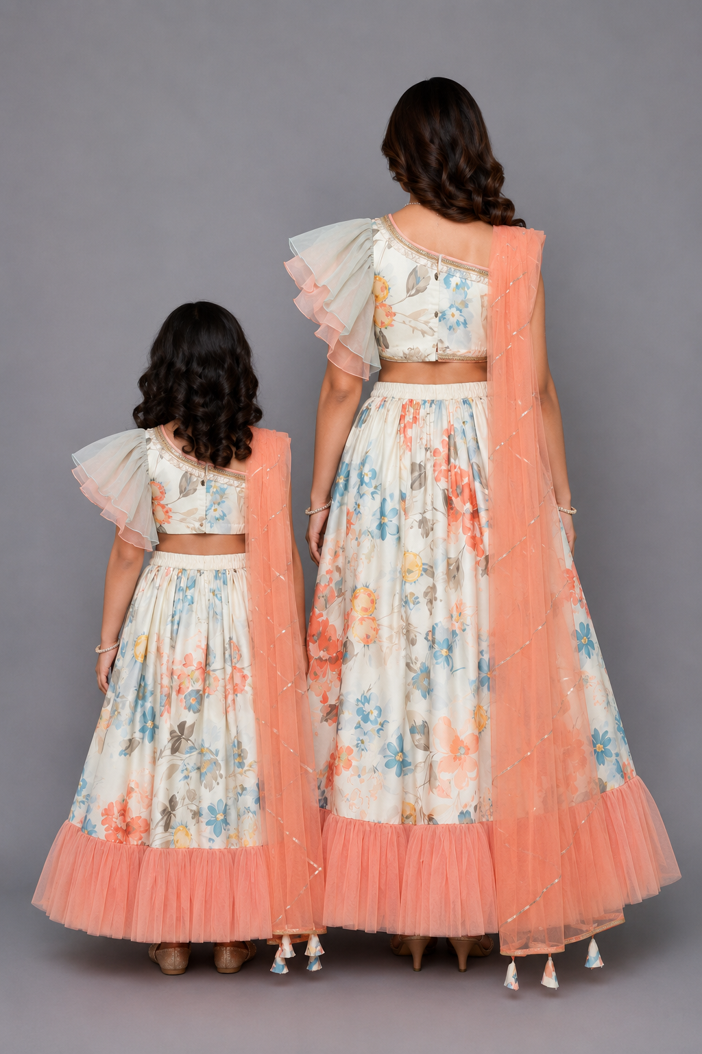 Floral printed off shoulder lehnga set with attached dupatta