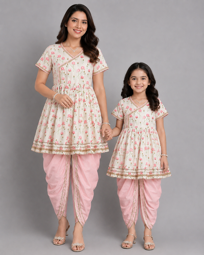 Offwhite Pink Lotus print Angrakha dhoti set