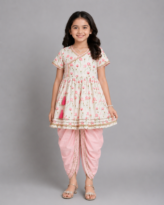 Offwhite Pink Lotus print Angrakha dhoti set