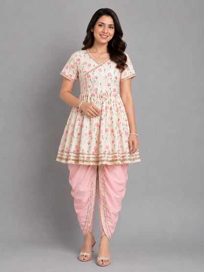 Offwhite Pink Lotus print Angrakha dhoti set