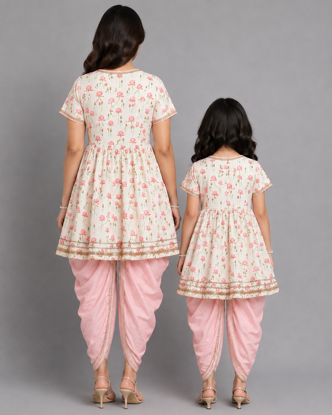 Offwhite Pink Lotus print Angrakha dhoti set