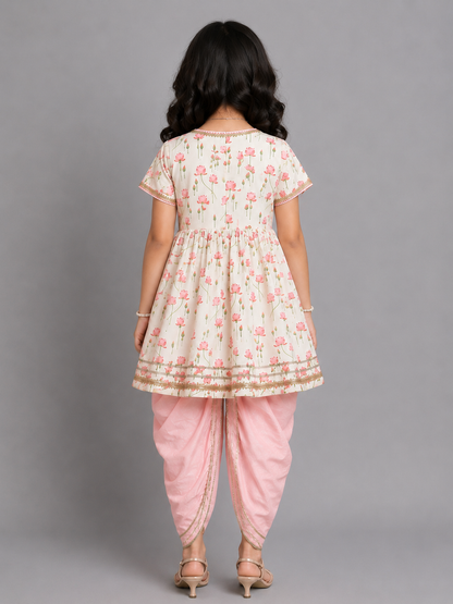 Offwhite Pink Lotus print Angrakha dhoti set
