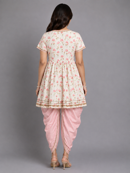 Offwhite Pink Lotus print Angrakha dhoti set
