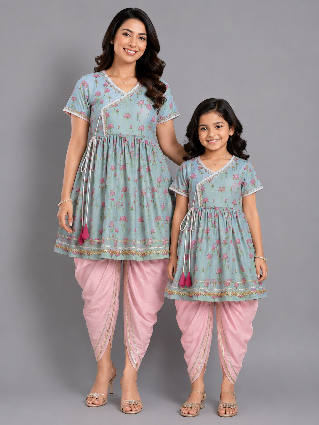 Mint green Lotus print Angrakha dhoti set