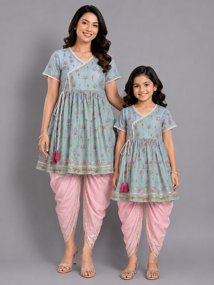 Mint green Lotus print Angrakha dhoti set