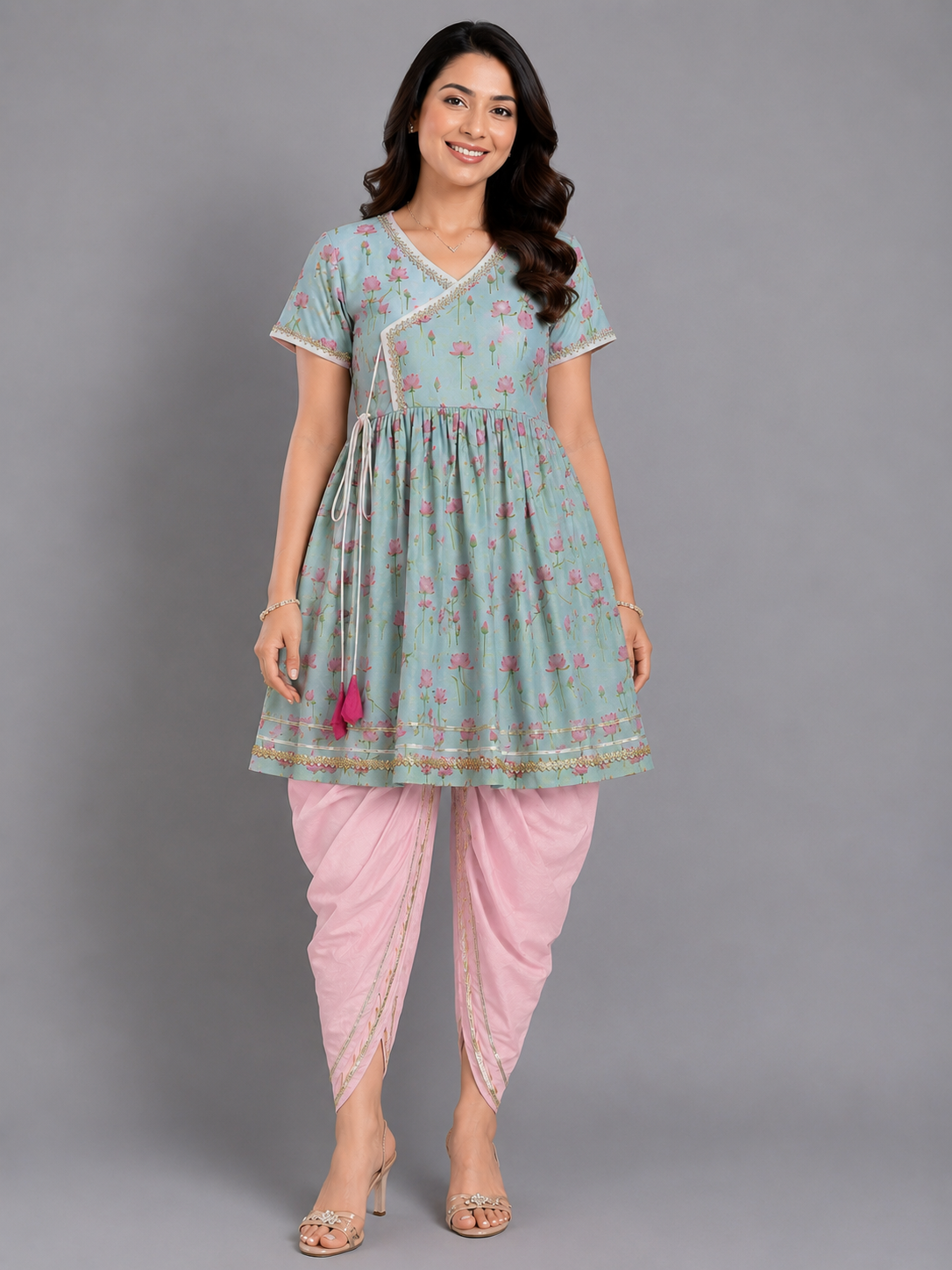 Mint green Lotus print Angrakha dhoti set