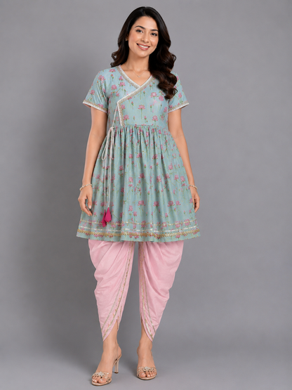 Mint green Lotus print Angrakha dhoti set