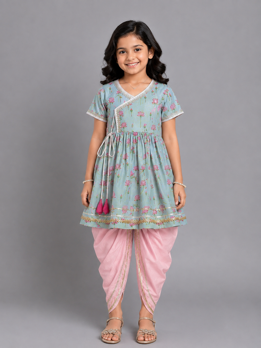 Mint green Lotus print Angrakha dhoti set