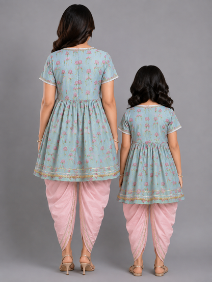 Mint green Lotus print Angrakha dhoti set