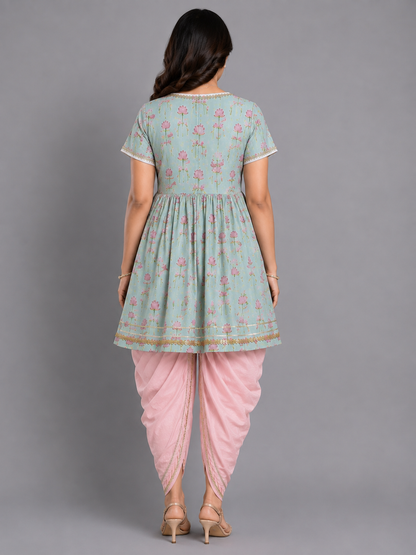 Mint green Lotus print Angrakha dhoti set