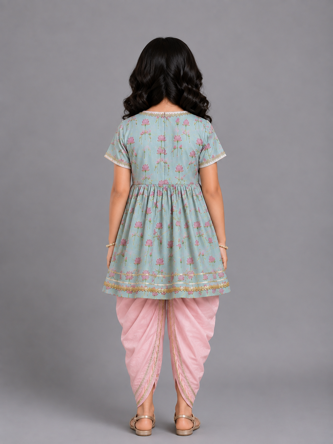 Mint green Lotus print Angrakha dhoti set